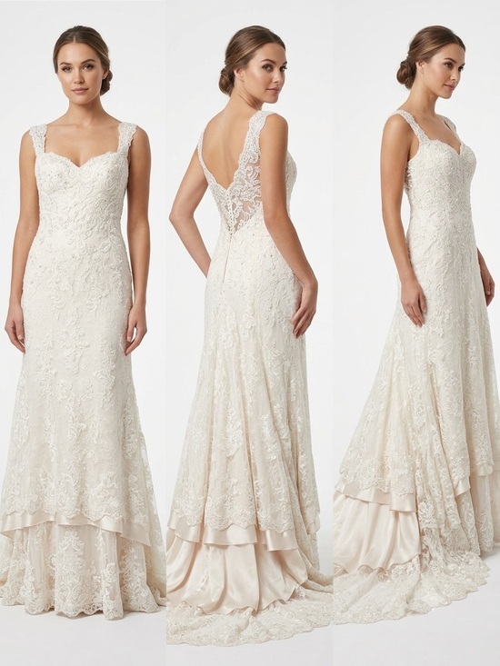Cocomelody Dresses & Skirts - Cocomelody Lace Wedding Dress Sweetheart Illusion Back Layered A-Line Train